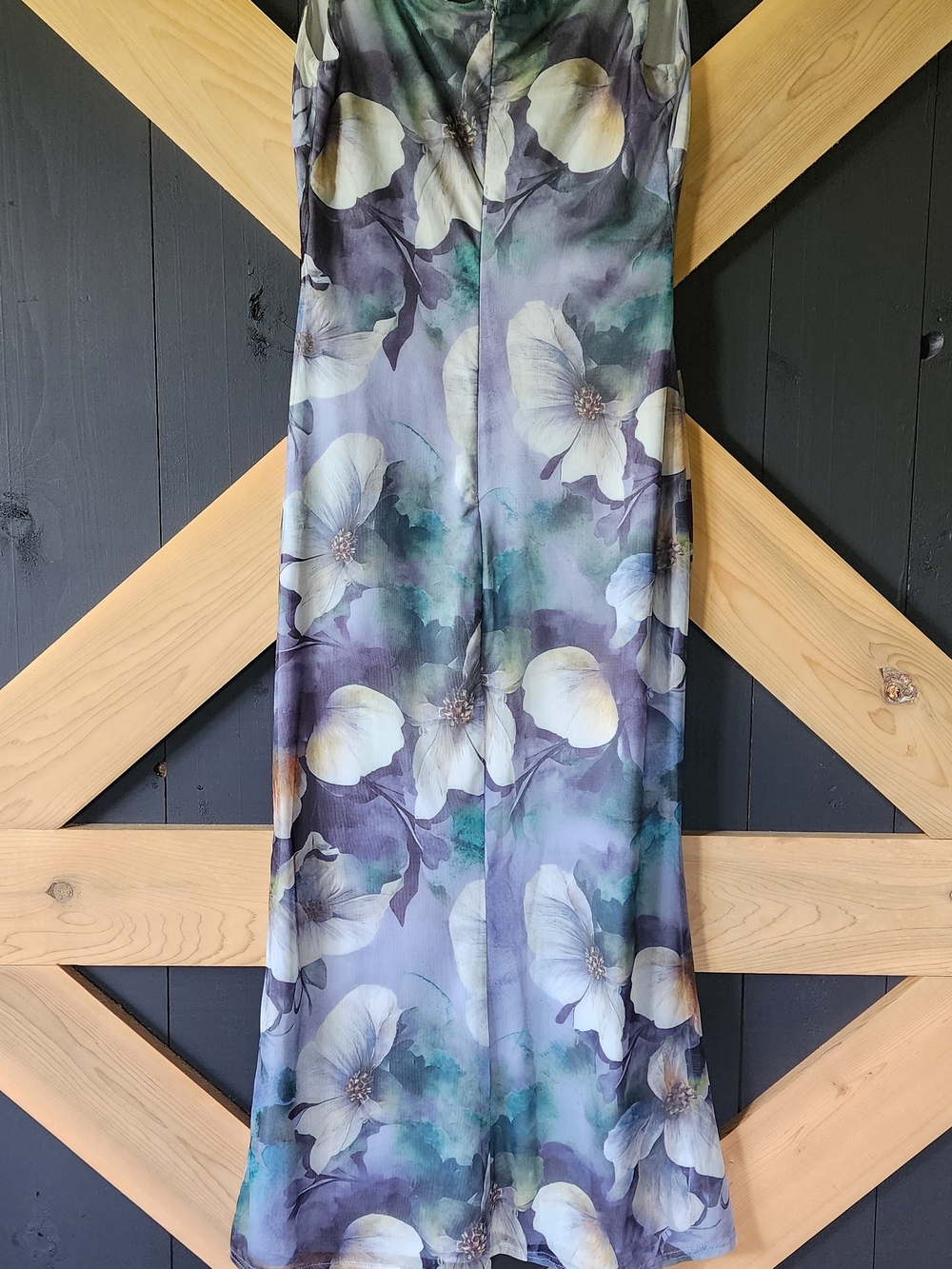 Scoop-Neck Floral Midi Dress in Blue and Green - Picture 3 of 4